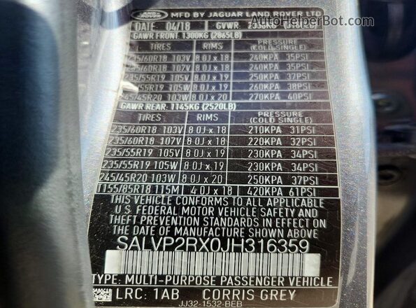SALVP2RX0JH316359 2018 LAND ROVER RANGE ROVER Gray 
