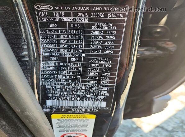 SALVP2RX0KH345720 2019 LAND ROVER RANGE Black Vista de la etiqueta del VIN