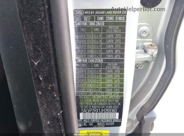 SALVP2RX1JH269360 2018 LAND ROVER RANGE ROVER EVOQUE Серый Вид подкапотного пространства