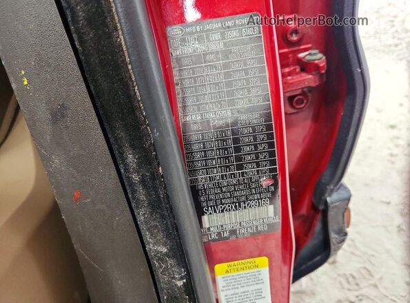 SALVP2RX1JH289169 2018 LAND ROVER RANGE Red VIN კოდის სტიკერის ხედი