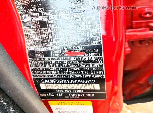 SALVP2RX1JH295912 2018 LAND ROVER RANGE Красный Вид наклейки с VIN-кодом