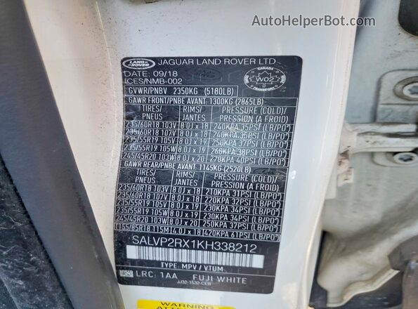 SALVP2RX1KH338212 2019 LAND ROVER RANGE Белый Панорамный вид салона 360°