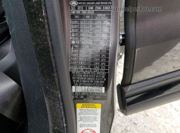 SALVP2RX6KH339291 2019 LAND ROVER RANGE Серый Вид наклейки с VIN-кодом