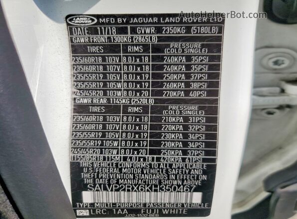 SALVP2RX6KH350467 2019 LAND ROVER RANGE White VIN կոդի պիտակի տեսք