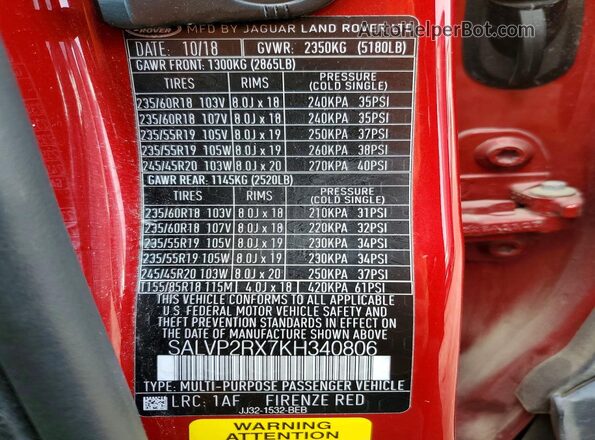 SALVP2RX7KH340806 2019 LAND ROVER RANGE Red VIN sticker view