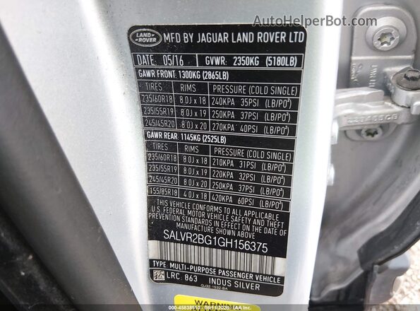 SALVR2BG1GH156375 2016 LAND ROVER RANGE ROVER EVOQUE Silver ძრავის განყოფილების ხედი
