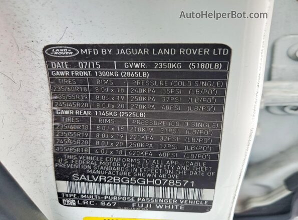 SALVR2BG5GH078571 2016 LAND ROVER RANGE White VIN sticker view