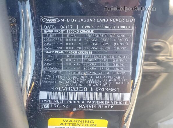 SALVR2BG8HH243661 2017 LAND ROVER RANGE Black VIN კოდის სტიკერის ხედი