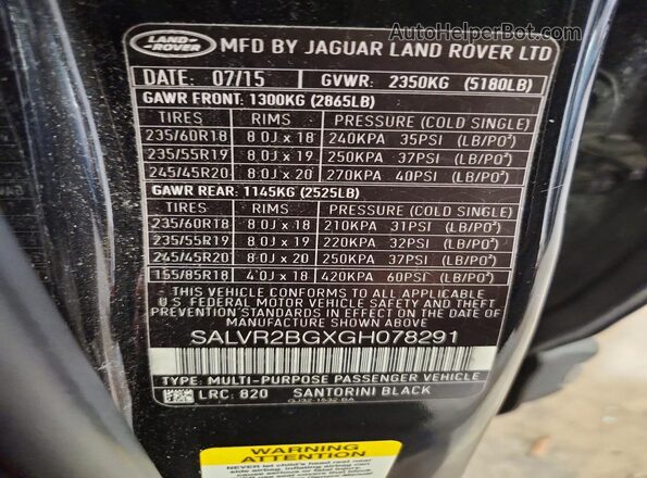 SALVR2BGXGH078291 2016 LAND ROVER RANGE Black Widok naklejki z numerem VIN