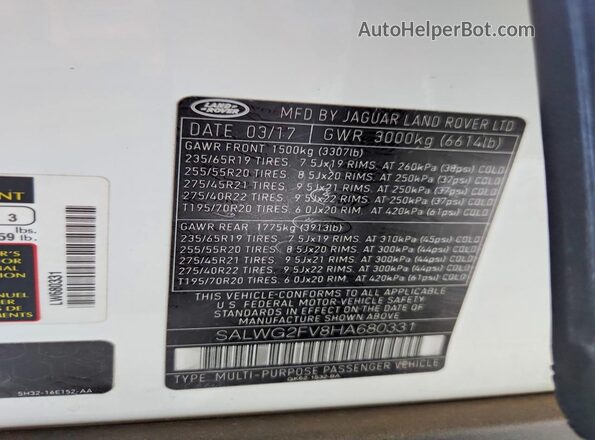 SALWG2FV8HA680331 2017 LAND ROVER RANGE White Widok naklejki z numerem VIN