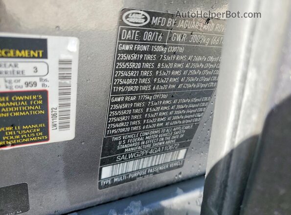SALWG2PF4GA110672 2016 LAND ROVER RANGE Gray VIN კოდის სტიკერის ხედი