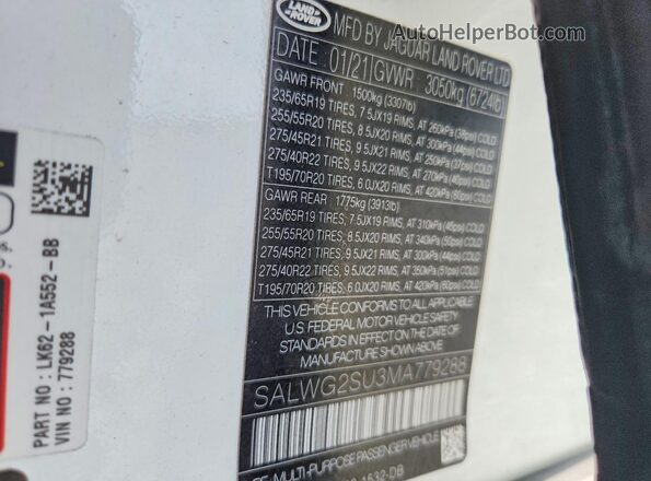 SALWG2SU3MA779288 2021 LAND ROVER RANGE White Вид наклейки з VIN-кодом