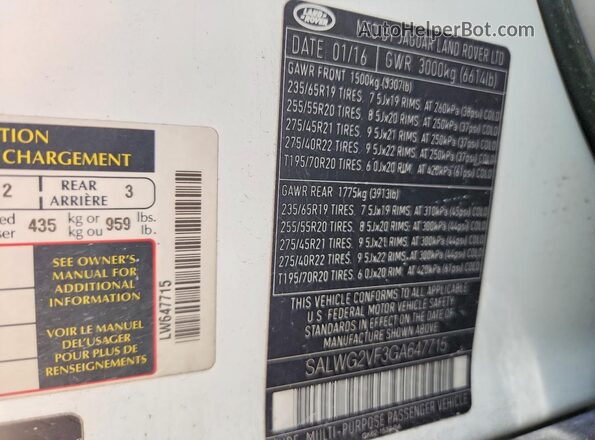 SALWG2VF3GA647715 2016 LAND ROVER RANGE White Вид підкапотного простору