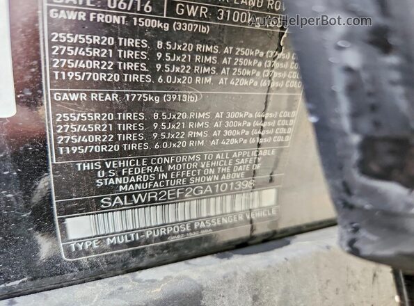 SALWR2EF2GA101398 2016 LAND ROVER RANGE Black VIN კოდის სტიკერის ხედი
