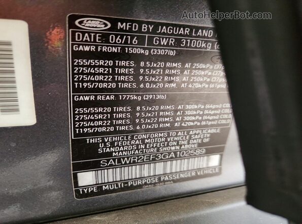 SALWR2EF3GA102589 2016 LAND ROVER RANGE Gray Vista del compartimento del motor