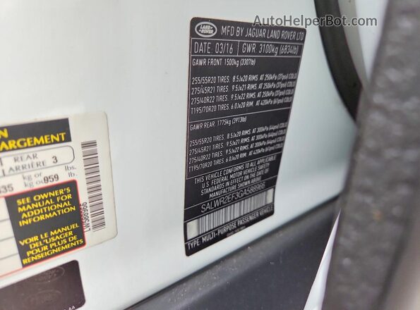 SALWR2EF3GA588966 2016 LAND ROVER RANGE White VIN կոդի պիտակի տեսք
