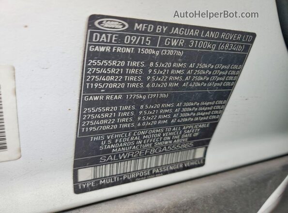 SALWR2EF8GA555865 2016 LAND ROVER RANGE Белый Вид наклейки с VIN-кодом