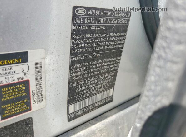 SALWR2EF8GA595377 2016 LAND ROVER RANGE Silver VIN sticker view