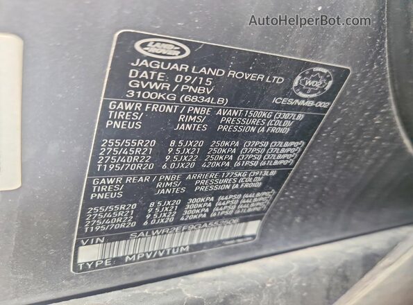 SALWR2EF9GA552506 2016 LAND ROVER RANGE Gray VIN კოდის სტიკერის ხედი