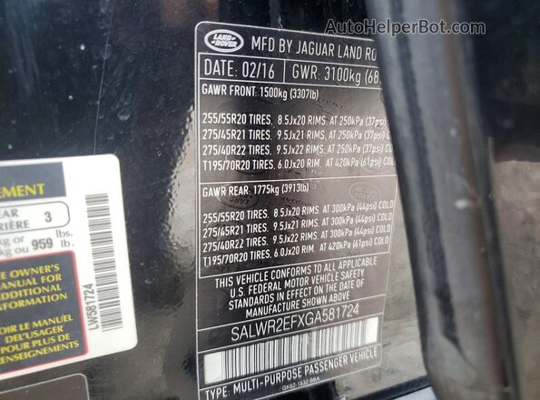 SALWR2EFXGA581724 2016 LAND ROVER RANGE Black Widok naklejki z numerem VIN