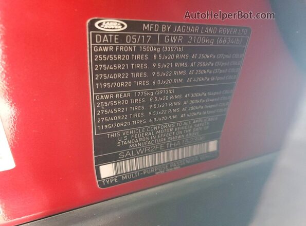 SALWR2FE1HA152396 2017 LAND ROVER RANGE Red Вид підкапотного простору