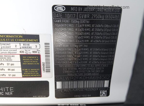 SALWR2FK0HA694062 2017 LAND ROVER RANGE ROVER SPORT White Vista del compartimento del motor