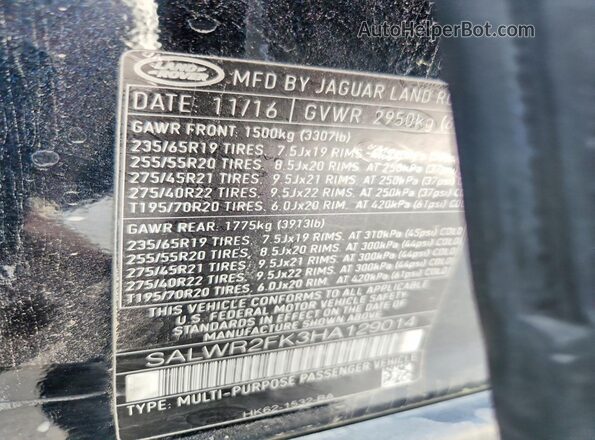 SALWR2FK3HA129014 2017 LAND ROVER RANGE Black Вид наклейки з VIN-кодом