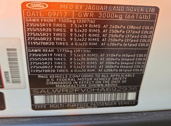 SALWR2FV0HA692936 2017 LAND ROVER RANGE White Widok komory silnika
