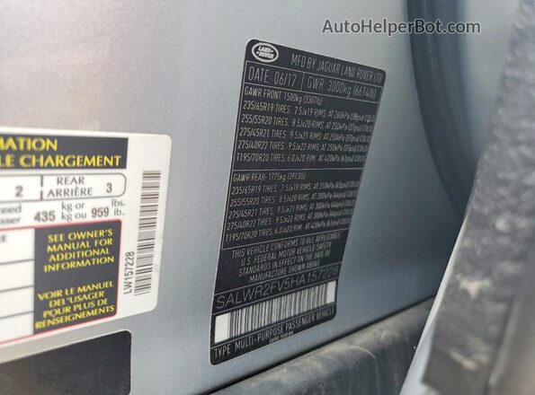 SALWR2FV5HA157228 2017 LAND ROVER RANGE Silver Vista de la etiqueta del VIN