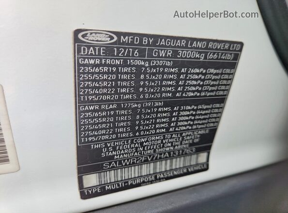 SALWR2FV7HA131763 2017 LAND ROVER RANGE White Вид наклейки з VIN-кодом