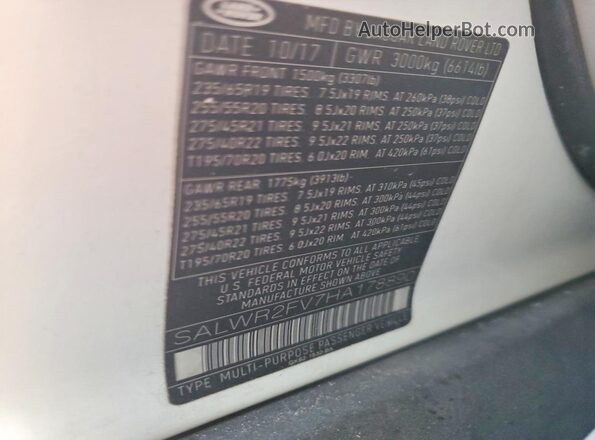 SALWR2FV7HA178890 2017 LAND ROVER RANGE White Widok naklejki z numerem VIN