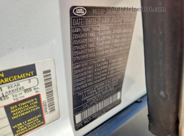 SALWR2KF0GA663031 2016 LAND ROVER RANGE White VIN sticker view