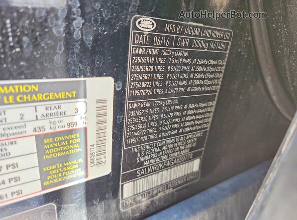 SALWR2KF4GA659774 2016 LAND ROVER RANGE Черный Вид наклейки с VIN-кодом