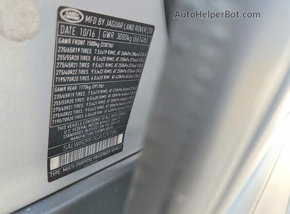 SALWR2PF1GA120196 2016 LAND ROVER RANGE Silver VIN sticker view