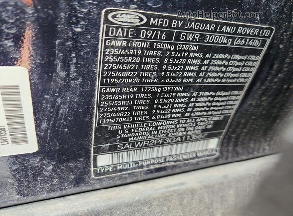 SALWR2PF3GA113587 2016 LAND ROVER RANGE Blue VIN կոդի պիտակի տեսք
