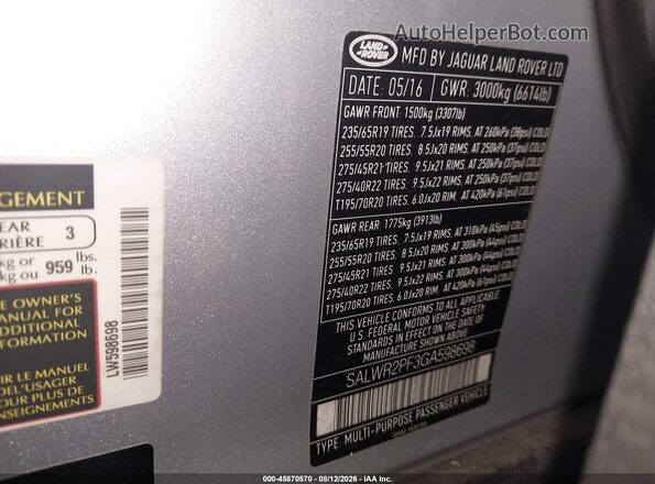SALWR2PF3GA598698 2016 LAND ROVER RANGE ROVER SPORT Silver Vista del compartimento del motor