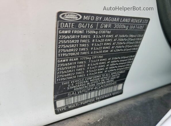 SALWR2PF4GA589945 2016 LAND ROVER RANGE White Vista de la etiqueta del VIN