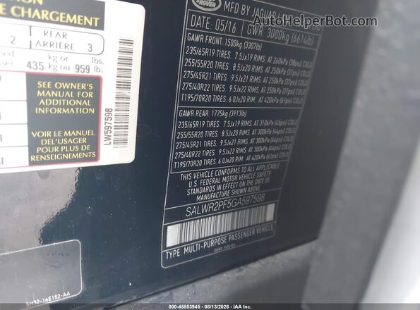 SALWR2PF5GA597598 2016 LAND ROVER RANGE ROVER SPORT Black Շարժիչի բաժամունքի տեսք