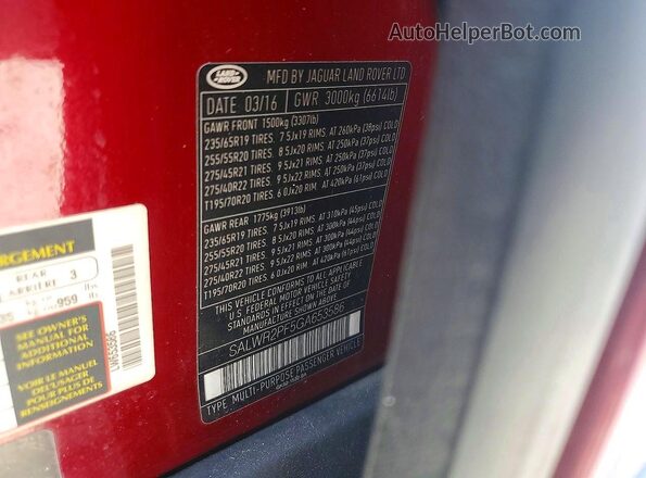 SALWR2PF5GA653586 2016 LAND ROVER RANGE Red Widok naklejki z numerem VIN