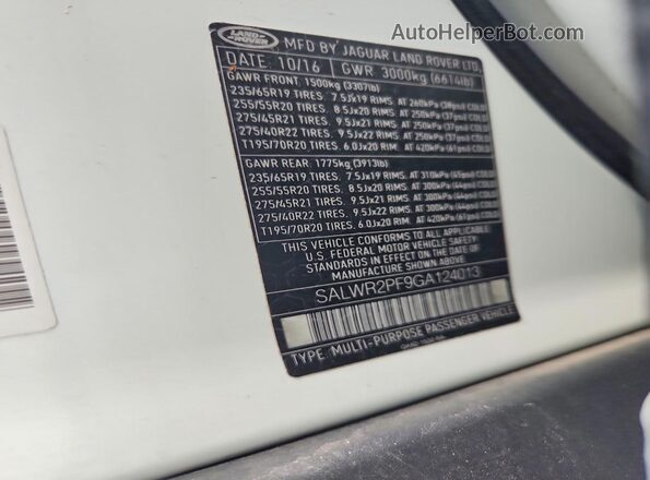 SALWR2PF9GA124013 2016 LAND ROVER RANGE White Вид підкапотного простору