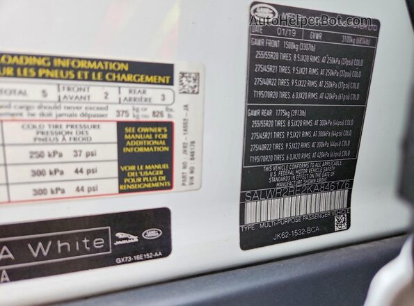 SALWR2RE2KA846176 2019 LAND ROVER RANGE White VIN კოდის სტიკერის ხედი