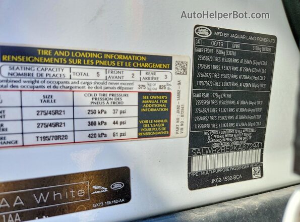 SALWR2RE2KA872941 2019 LAND ROVER RANGE White Vista de la etiqueta del VIN