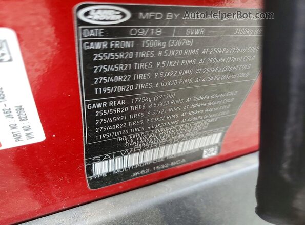 SALWR2RE3KA822694 2019 LAND ROVER RANGE Red Widok naklejki z numerem VIN