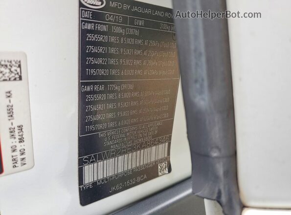 SALWR2RE3KA864346 2019 LAND ROVER RANGE White Widok naklejki z numerem VIN