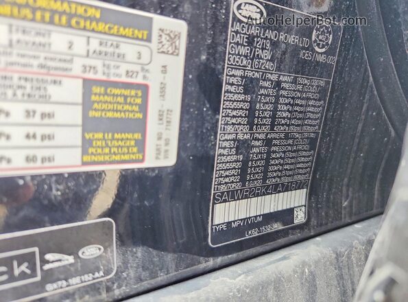 SALWR2RK4LA718772 2020 LAND ROVER RANGE Black Вид підкапотного простору