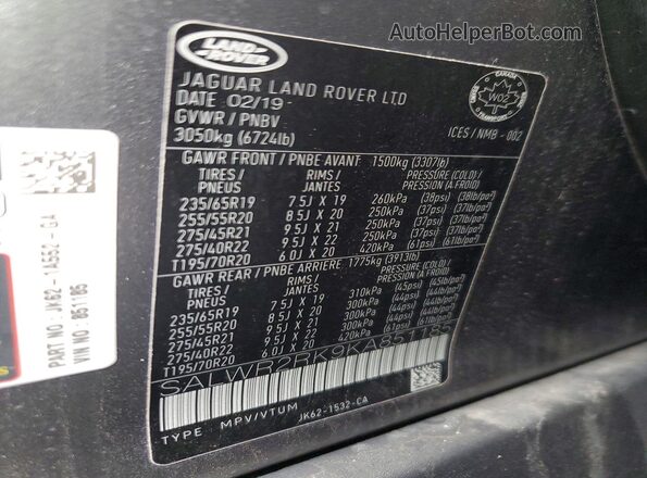 SALWR2RK9KA851185 2019 LAND ROVER RANGE Gray Widok naklejki z numerem VIN