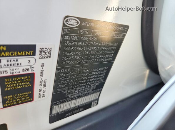 SALWR2RU9KA868831 2019 LAND ROVER RANGE White Вид наклейки з VIN-кодом