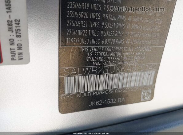 SALWR2RUXKA875142 2019 LAND ROVER RANGE ROVER SPORT Silver Vista del compartimento del motor