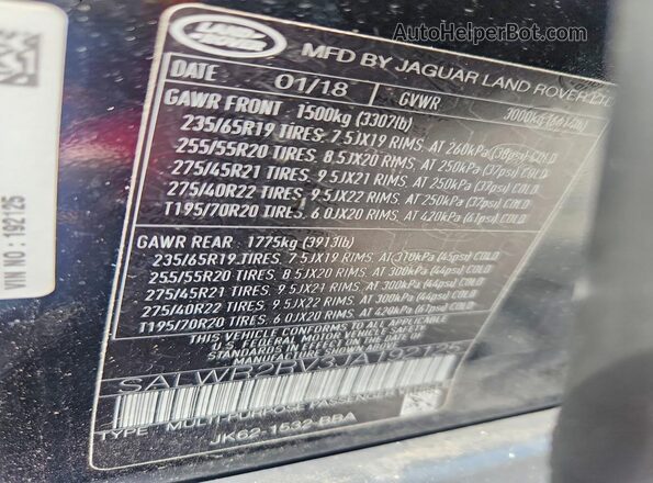 SALWR2RV3JA192125 2018 LAND ROVER RANGE Черный Вид наклейки с VIN-кодом