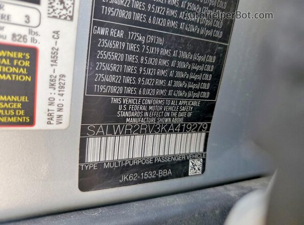 SALWR2RV3KA419279 2019 LAND ROVER RANGE Silver Սալոնի 360 աստիճան տեսք